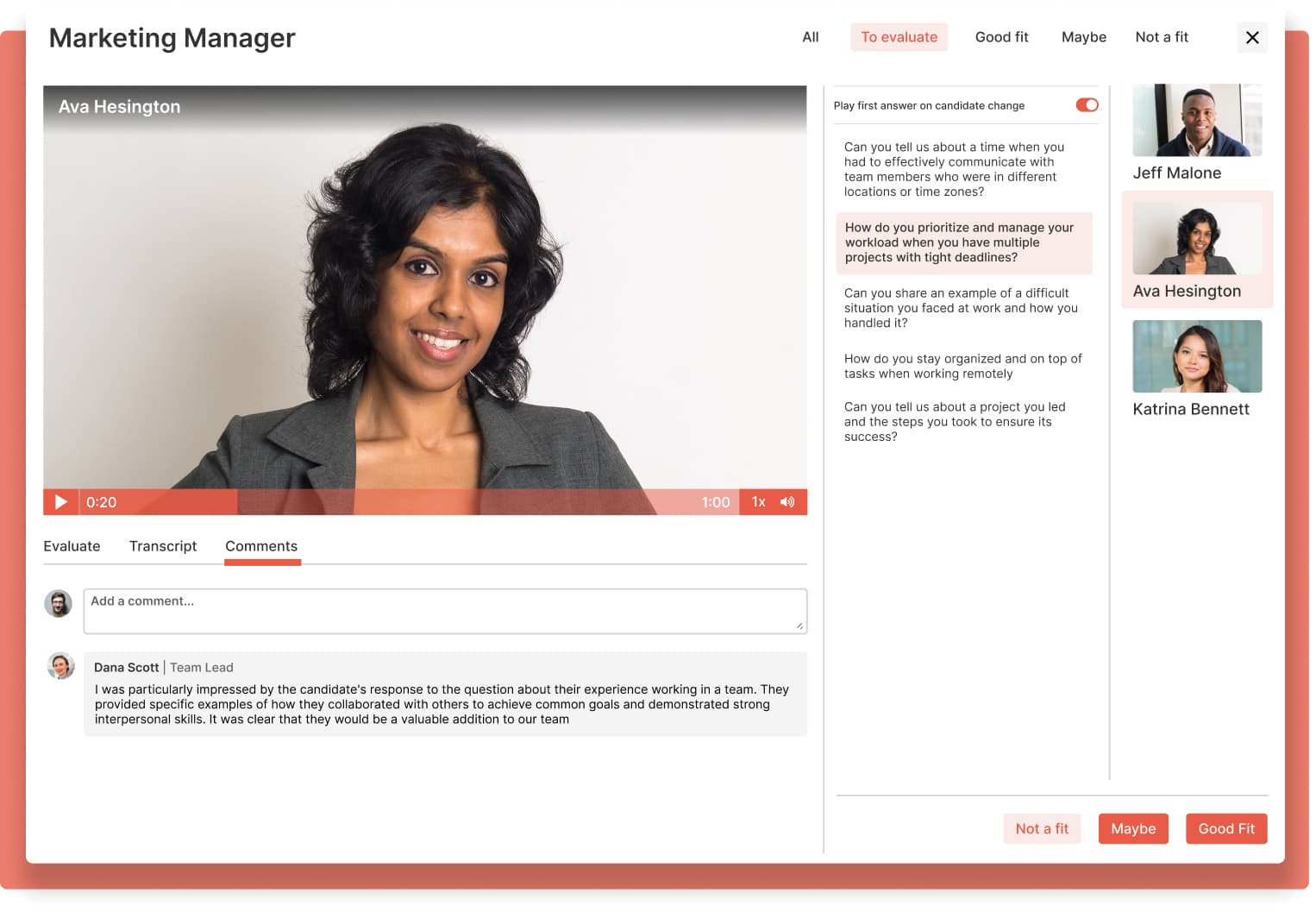 screenshot of interview evaluation page where recruiters are commenting and evaluating collaboratively